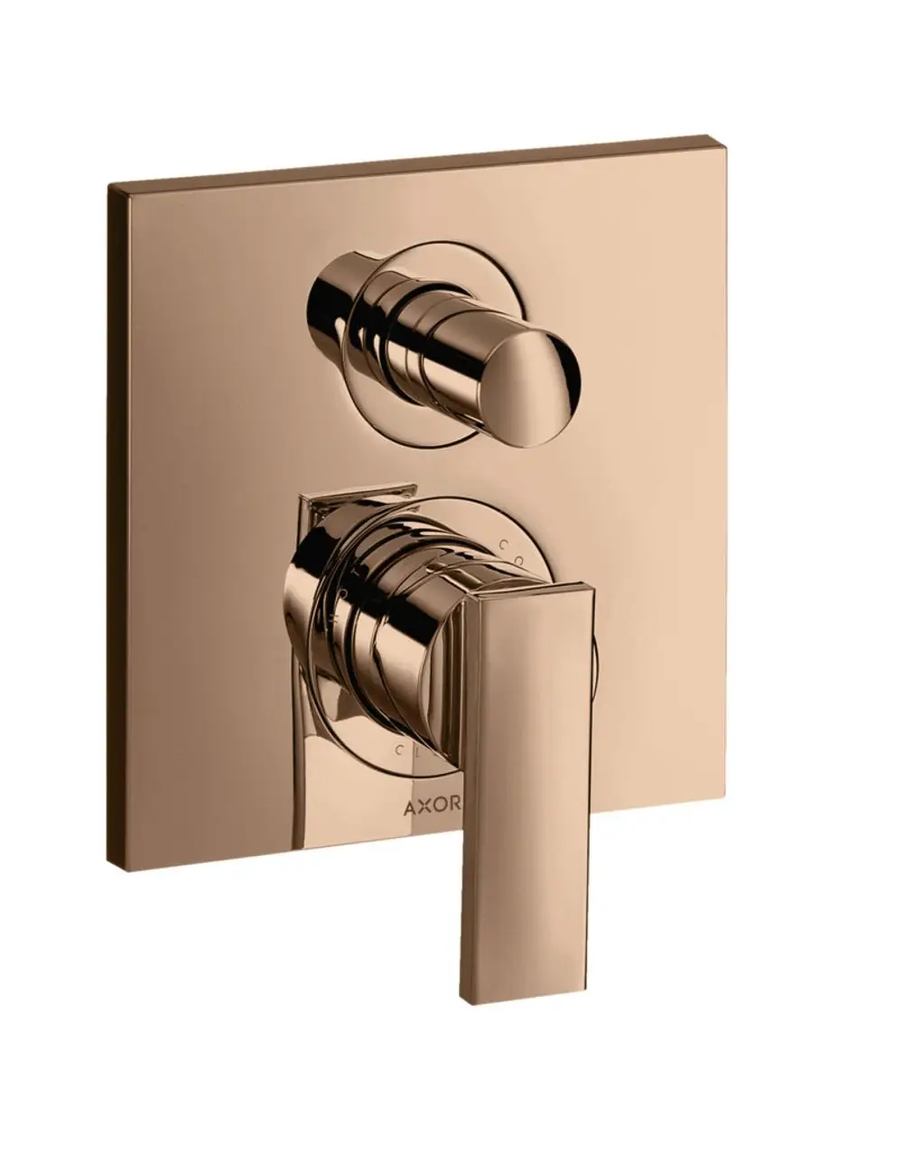 Wannenmischer von AXOR mit Unterputzinstallation. Das Bedienfeld hat zwei runde Griffe und einen rechteckigen Hebelgriff in Polished Red Gold.
